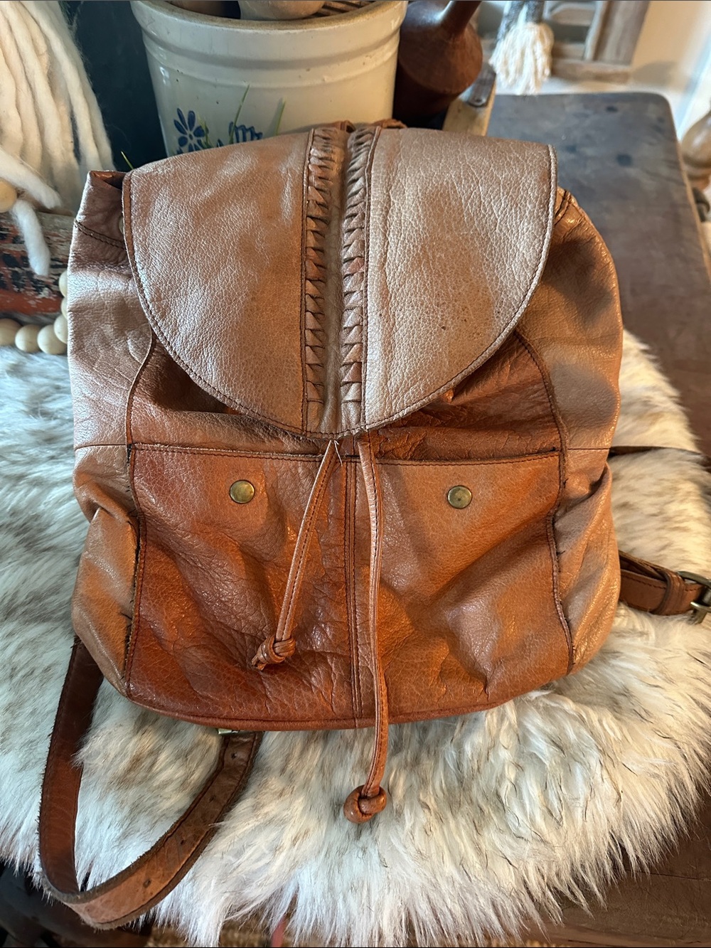 Vintage Brown Leather Drawstring Backpack day & mood